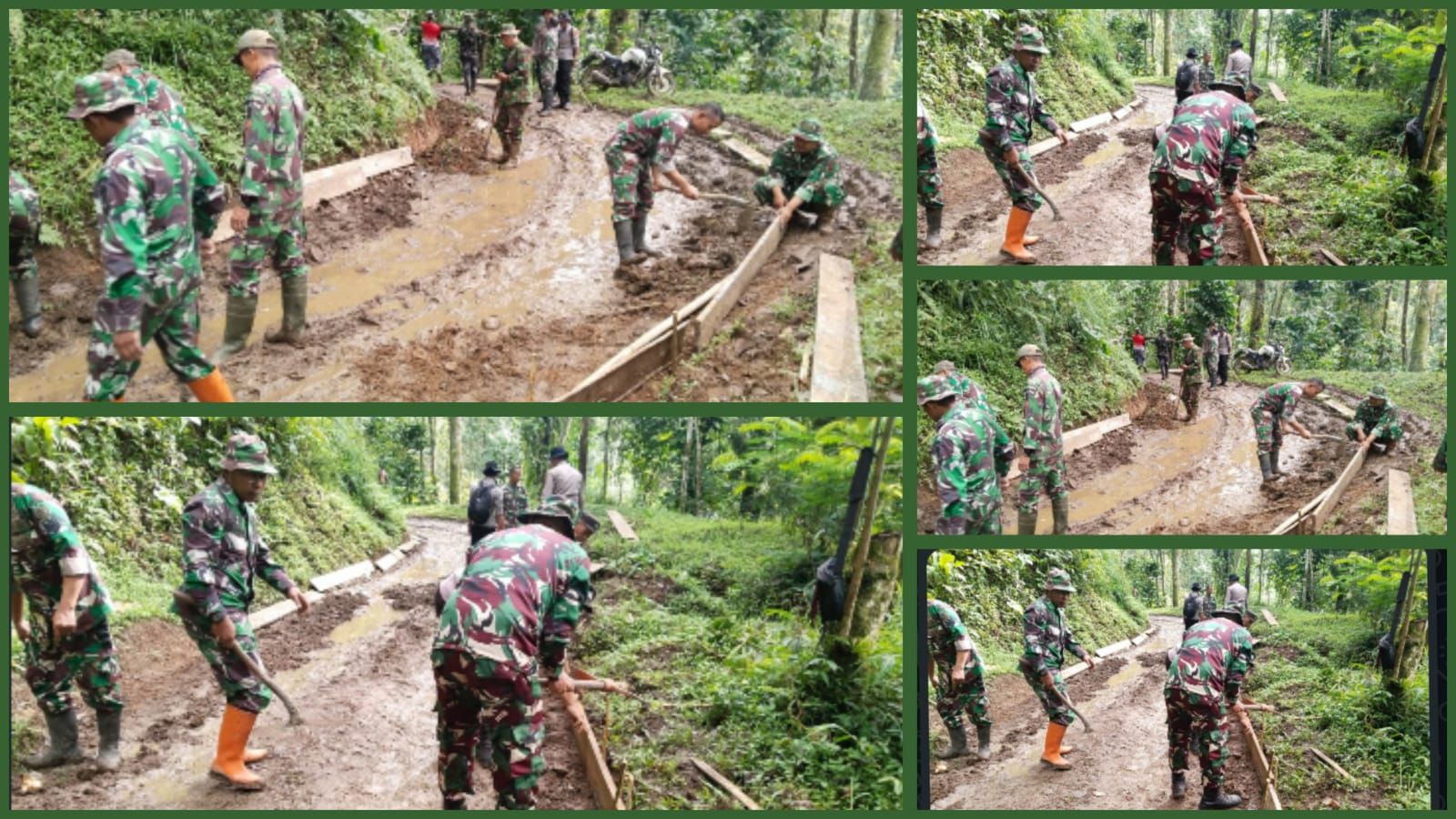 Meski Hujan, Satgas TMMD Ke-127 Kodim 0624 Lanjutkan Pekerjaan Bekisting Jalan di Desa Cipelah