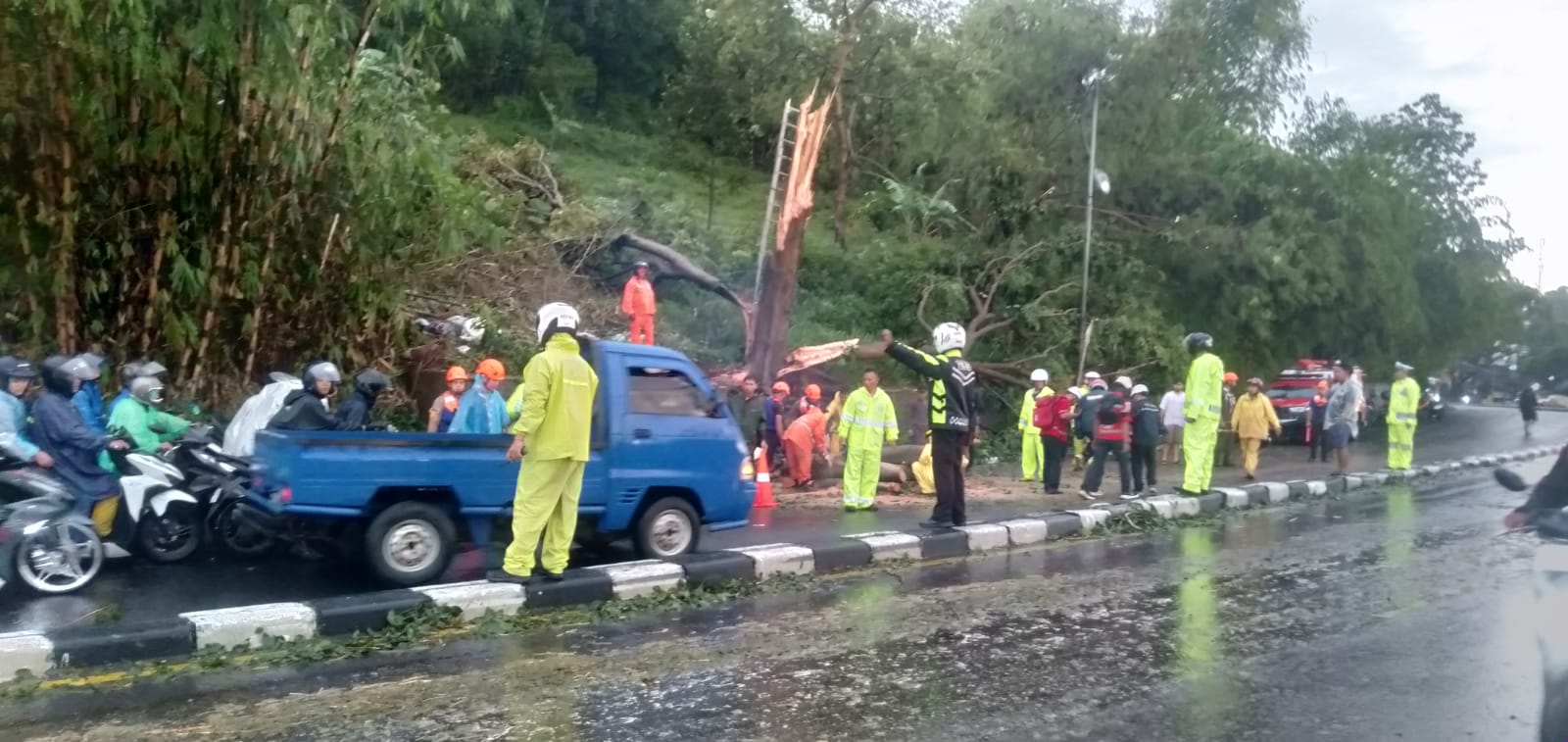 HUJAN DERAS ROBOHKAN POHON, JALUR NAGREG MACET – TIM GABUNGAN TURUN TANGAN